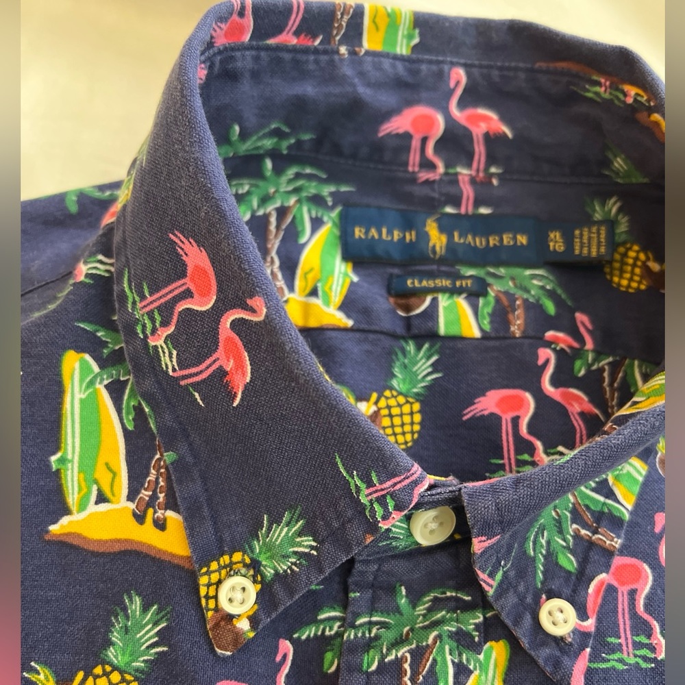 Ralph Lauren Men’s Button Down Flamingo Hawaiian Shirt, Classic Fit Size XL